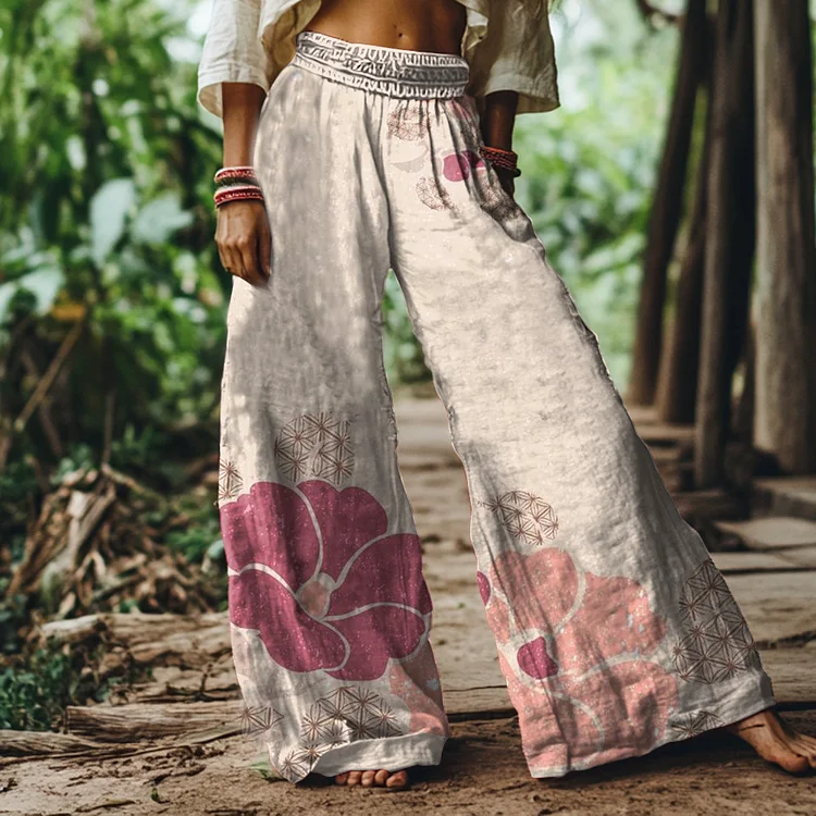 Vintage Floral Art Print Loose Pants