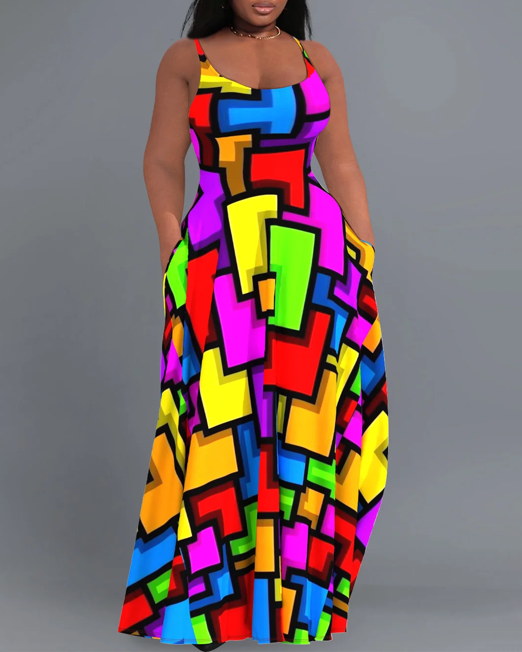 Casual Sundress Colorful Geometric Colorblock Cami With Pockets Maxi Dress