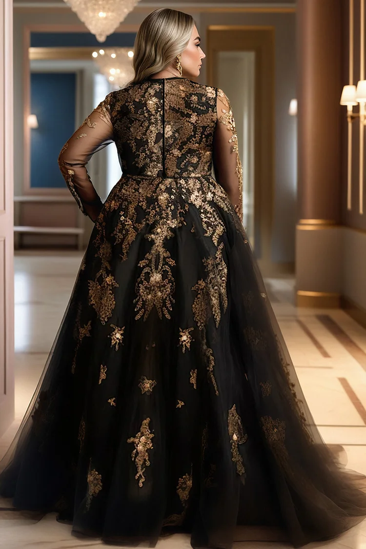 Xpluswear Design Plus Size Formal Black Elegant V Neck Long Sleeve Split See Through Tulle Maxi Dresses [Pre-Order]