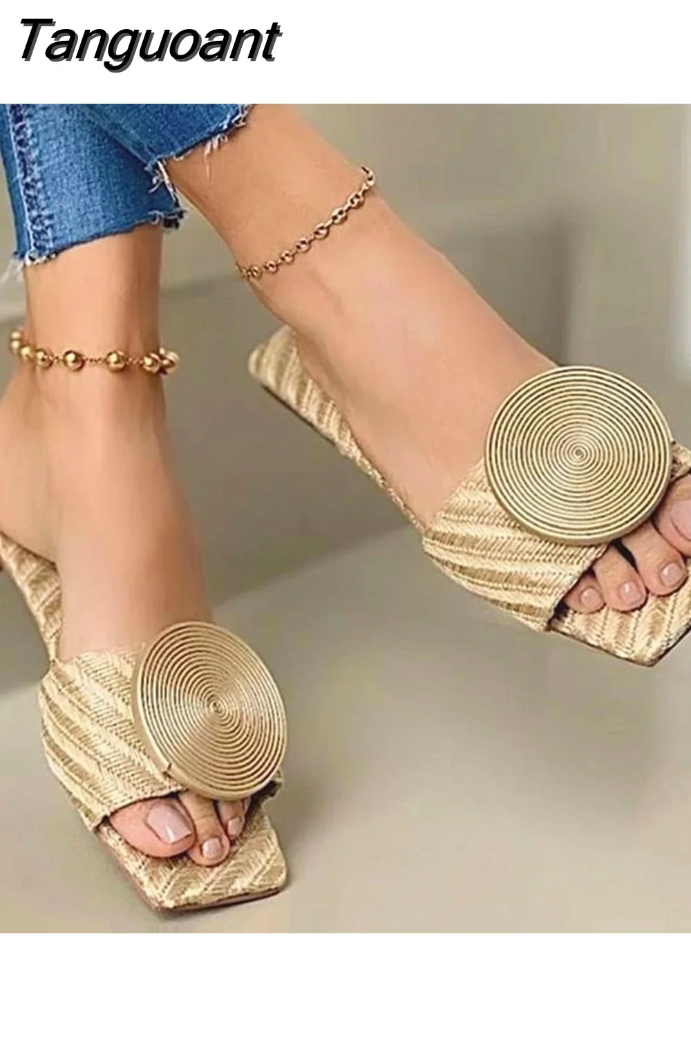 Tanguoant New Fashion Beach Shoes Woman Summer Flat Sandals Plus Size Round Buckle Solid Flats Female Casual Slippers Ladies Women