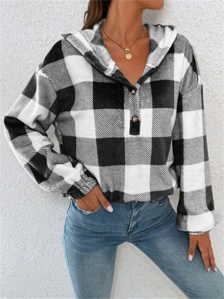 Women's Loose Plaid Hooded Sweater Half Open Collar Studded Button Pullover Plush Sweater S-XL
