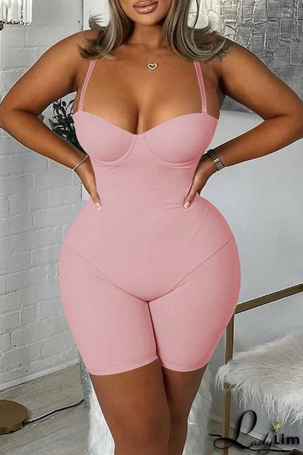 Pink Sexy Casual Solid Backless Spaghetti Strap Skinny Romper