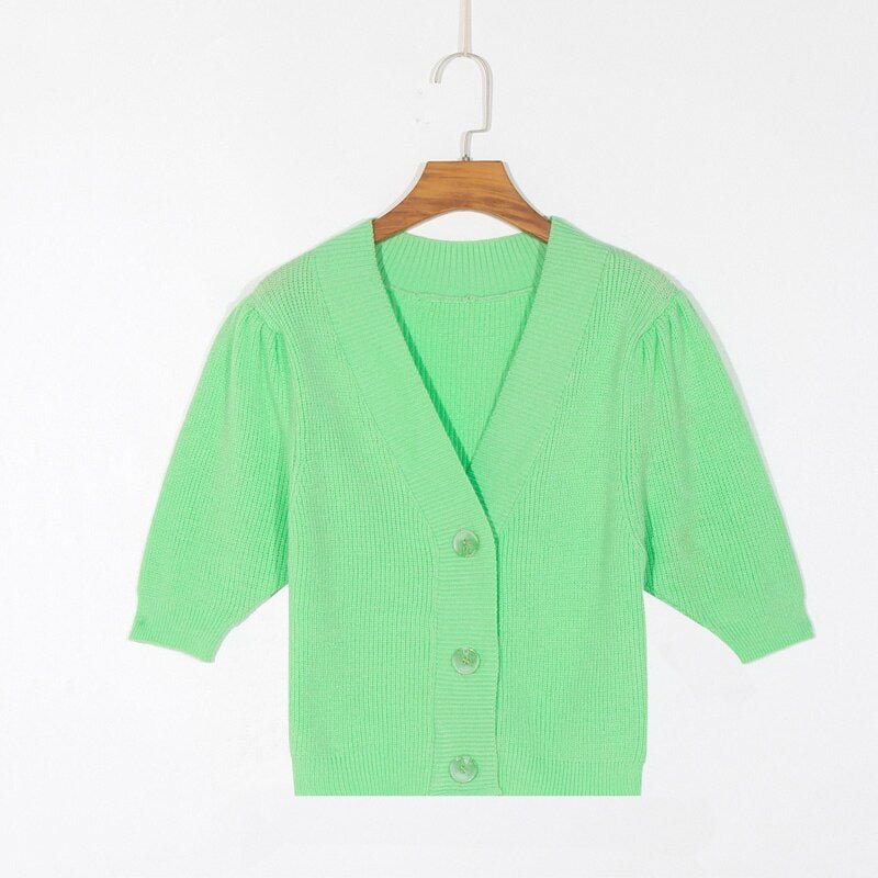 Spring women's sweater casual solid color V-neck short sleeve sweater