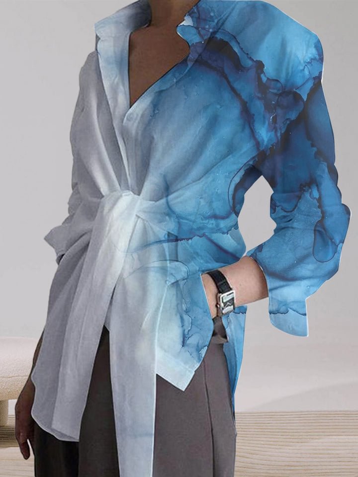Temperament Marble Loose Tie Long Sleeve Casual Shirt Top