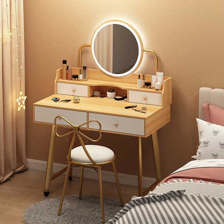 White Round Mirror Storage Drawer Metal Minimalist Dressing Table