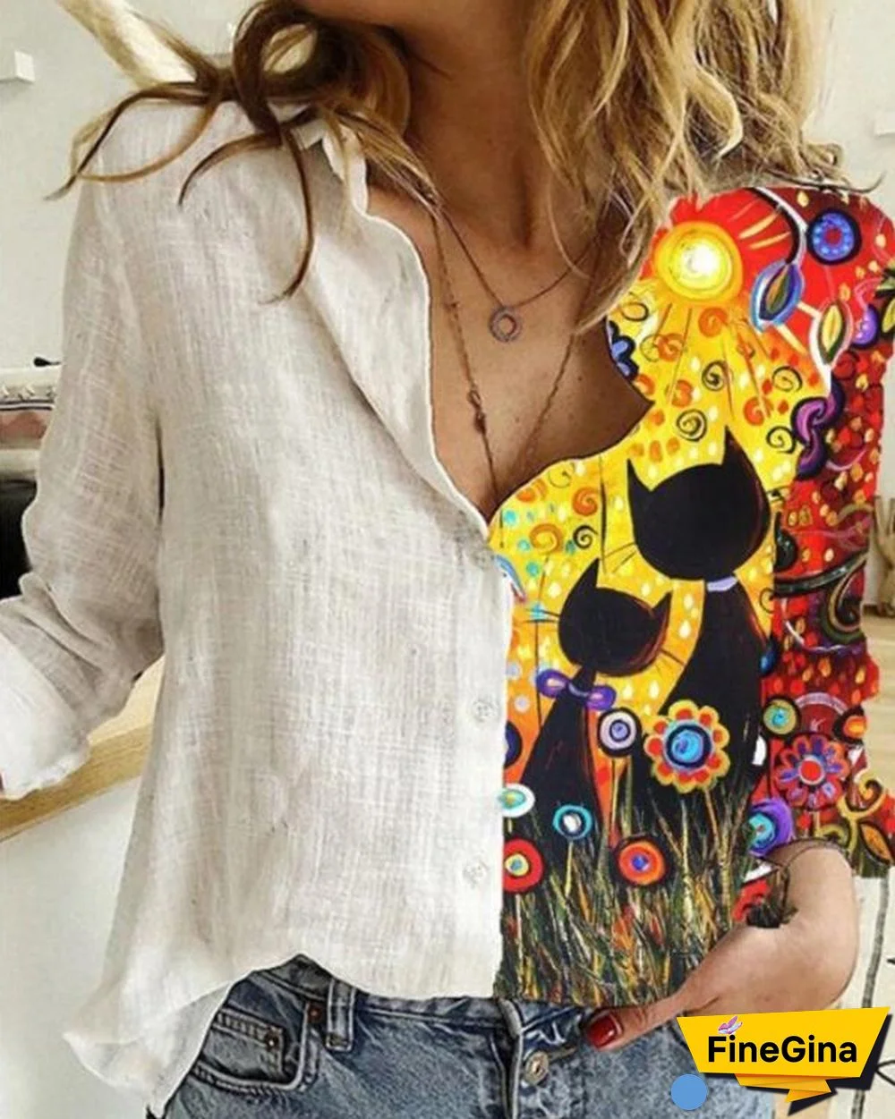 Cartoon Printed Patchwork Lapel Collar Button Long Sleeve Blouse