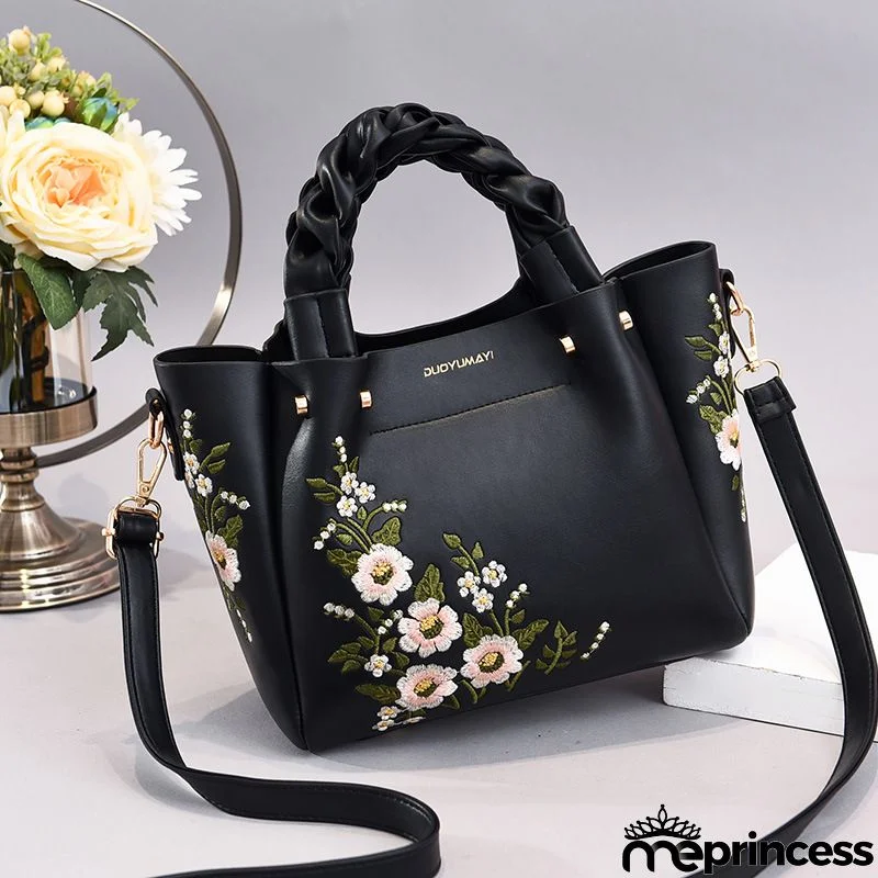 Women Vintage Flower Design Graphic Pattern Solid Color Large Capacity Shoulder Handle Bag