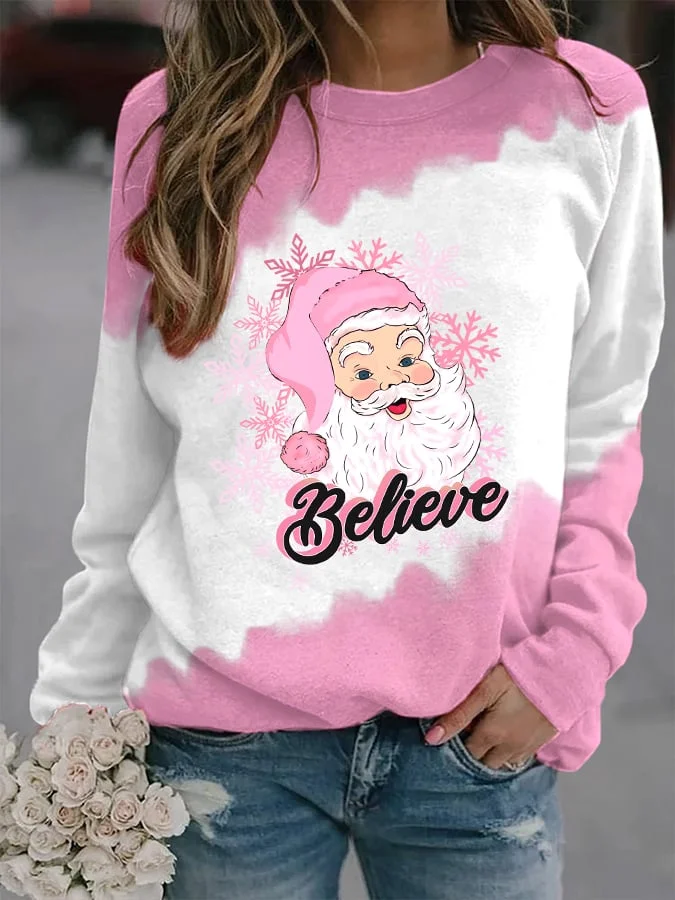 Women's Pink Santa Print Long Sleeve Top