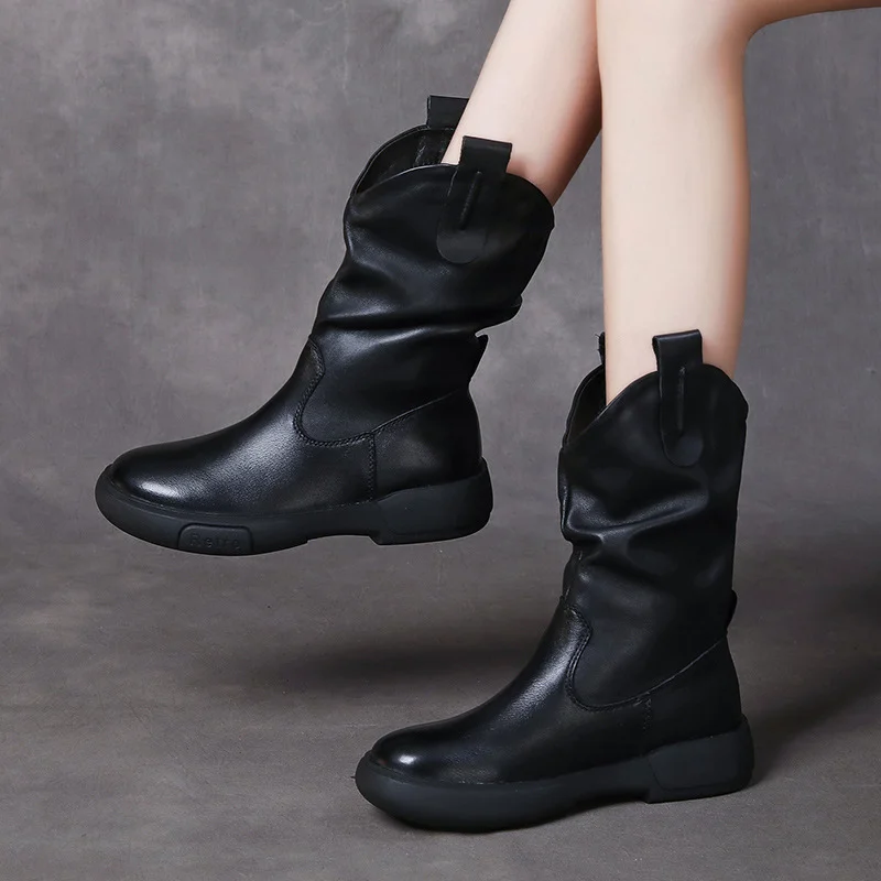 Yyvonne Boots Pile Boots Top Layer Of Kraft Mid-Sleet Boots Women Flat Bottom Soft Skin Autumn Winter Leather Martin Boots Horse Rider Boots