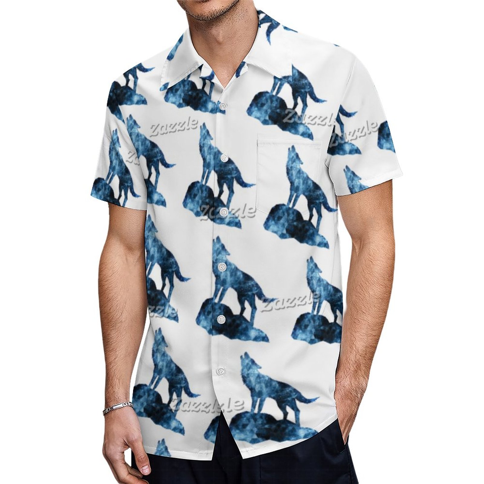 Howling Wolf Blue Sparkly Smoke Silhouette Pattern Hawaiian Shirt Mens Button Down Tropical Hawaii Beach Shirts