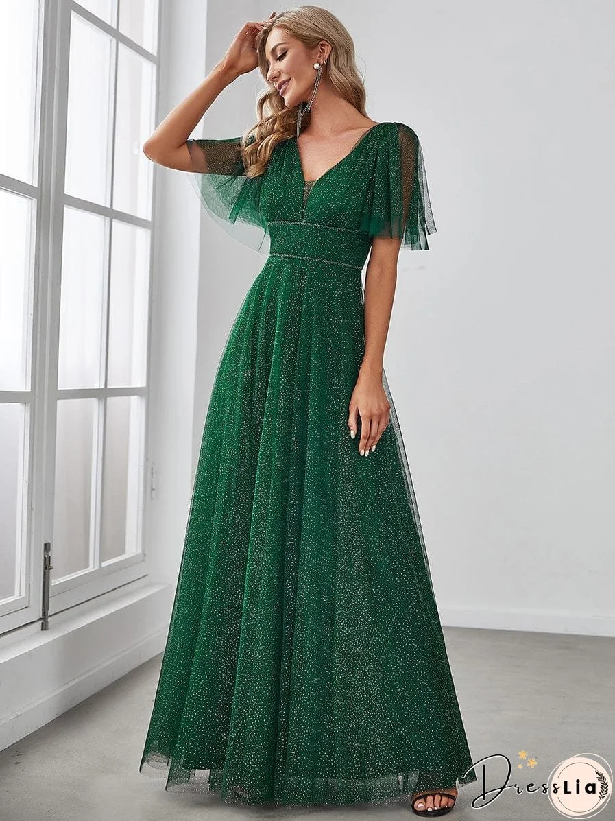 Elegant Golden Stamped Ruffle Sleeve Evening Gown