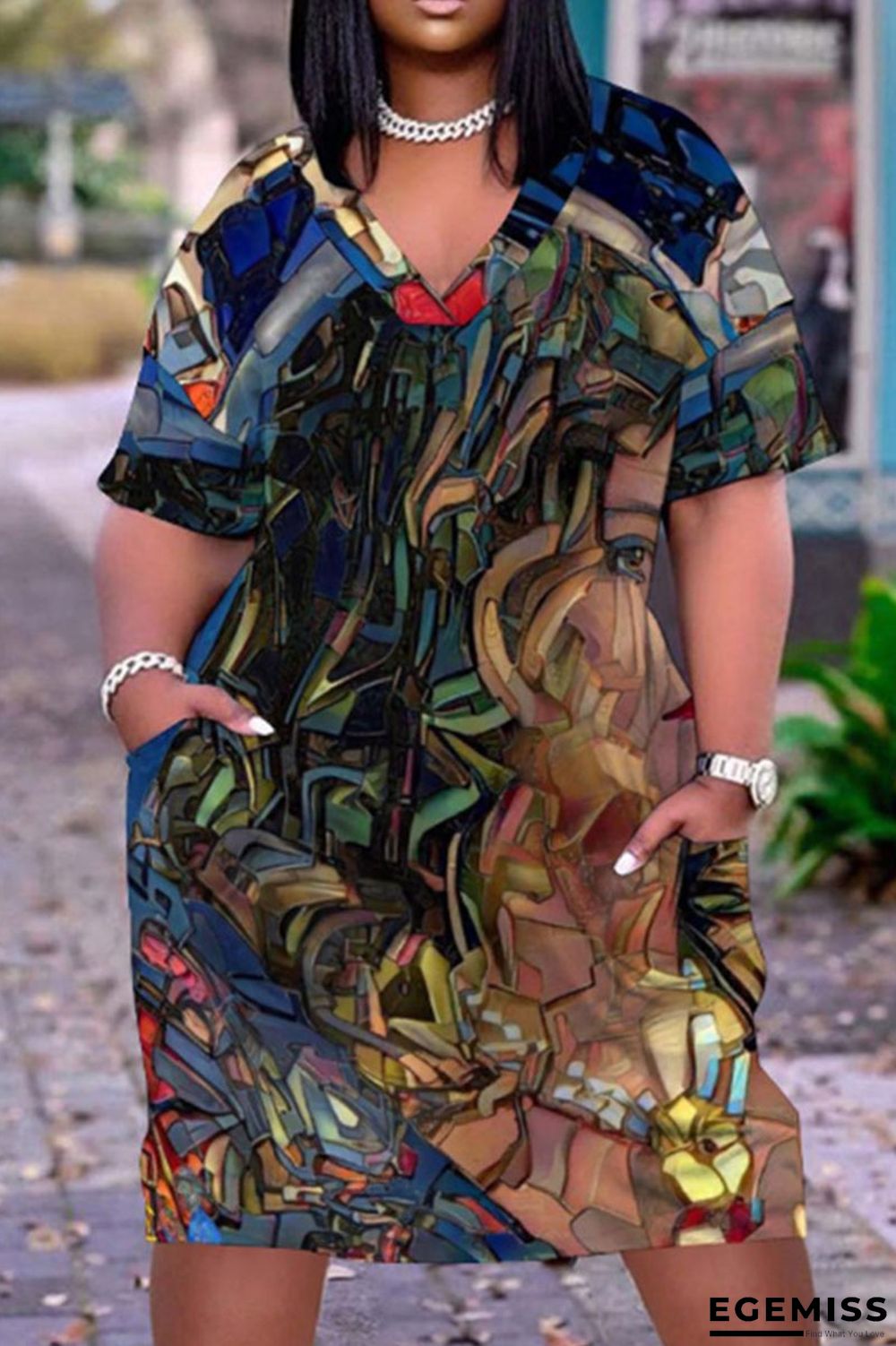 Turquoise Fashion Print Pocket V Neck Straight Dresses | EGEMISS