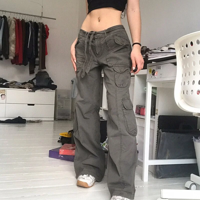 Back To School Outfits Y2K Straight Wide Leg Cargo Pants Women Streetwear Vintage Pockets Mid Waist Baggy Jeans Harajuku Trousers 