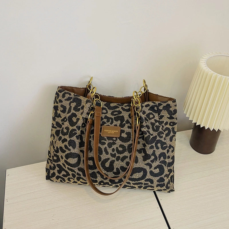 Retro Casual Leopard Print Shoulder Underarm Bag Large Capacity Totes