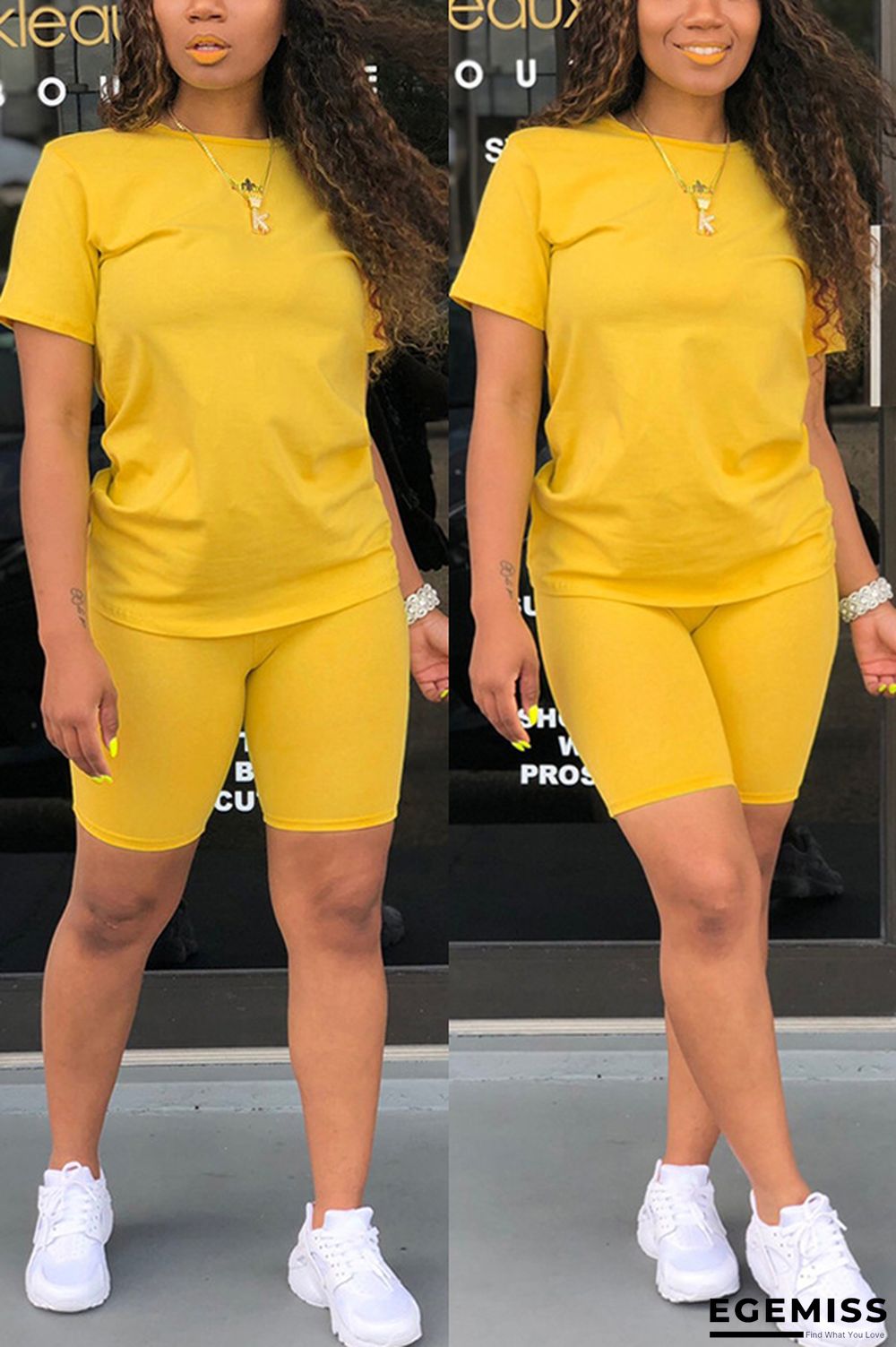 Yellow Fashion Casual Slim fit Two Piece Suits Solid Regular Short Sleeve Two-Piece Short Set | EGEMISS