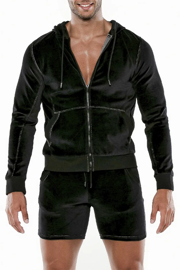 Casual Long Sleeve Zipper Velvet Hoodie Shorts Two Piece Set [Pre-Order]