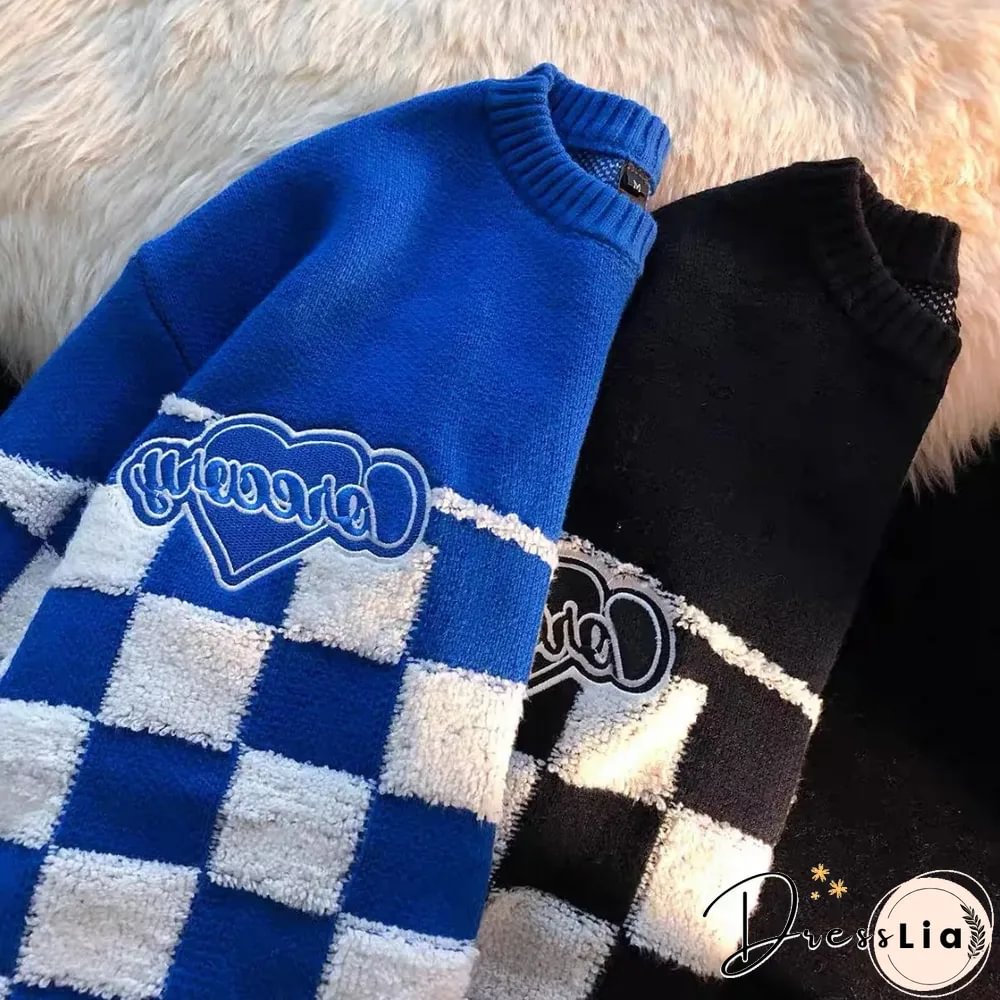 Ins Tide Brand Klein Blue Flocking Checkerboard Sweater