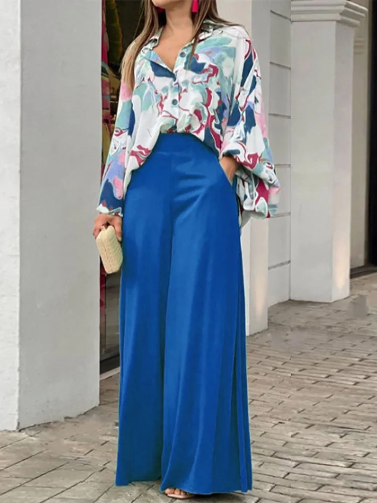 Sonicelife  Casual Ladies Spring Autumn Commuter Two Piece Set Outfits 2023 Women New Print Chic Loose Shirts + Pocket Wide Leg Pants Suits0403