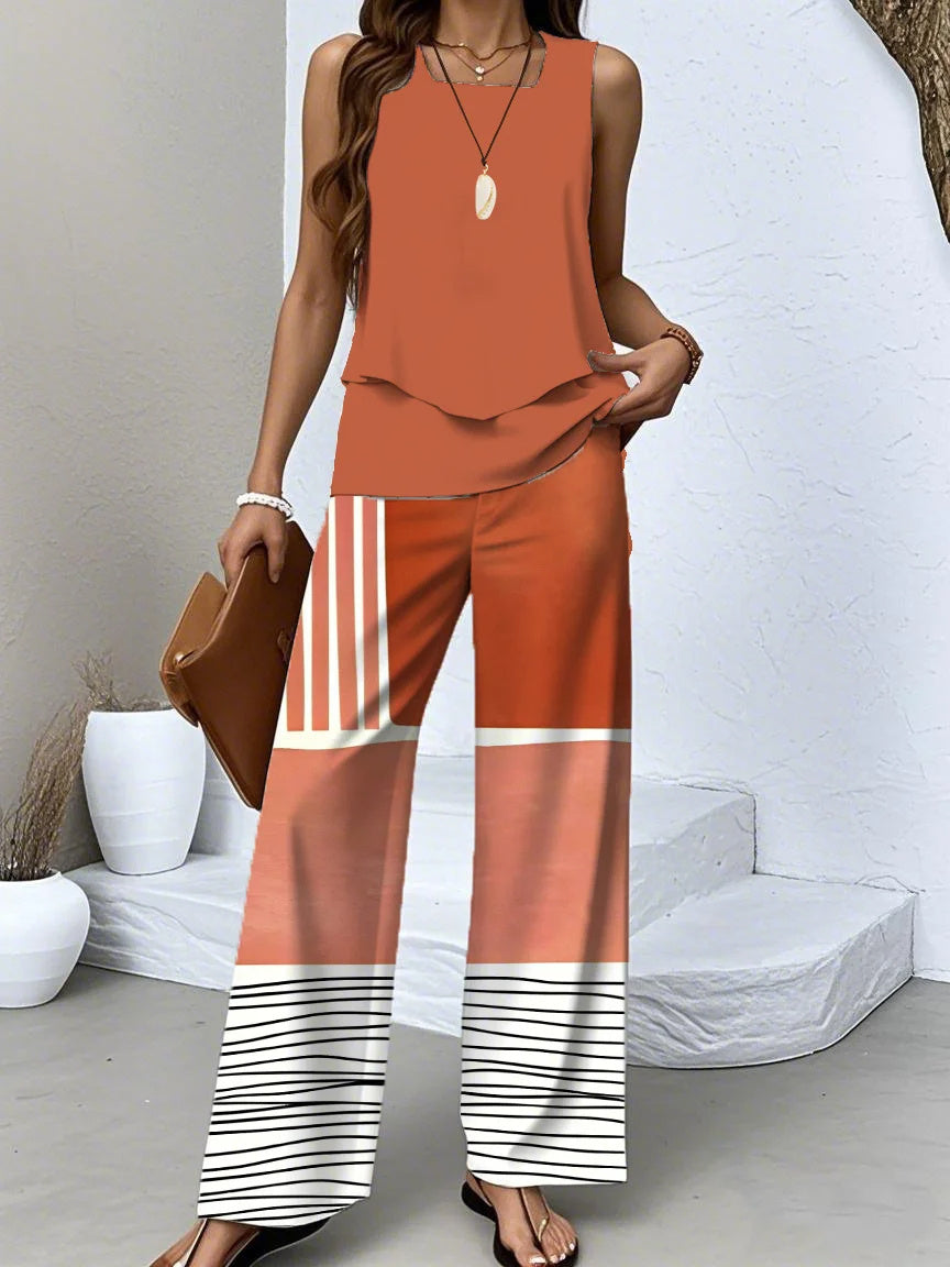 Women's Sleeveless Square Collar Striped Graphic Printed Casual Set
