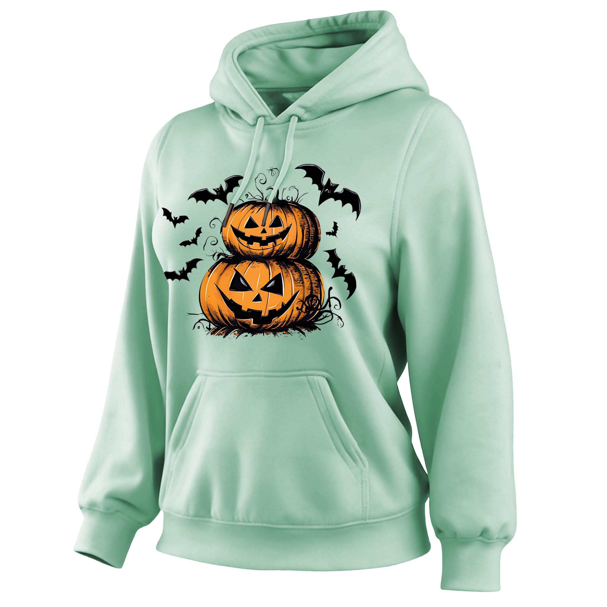 Women's Vintage Halloween Spooky Bat And Pumpkin Halloween Print Pocket Long-Sleeve Hoodie
