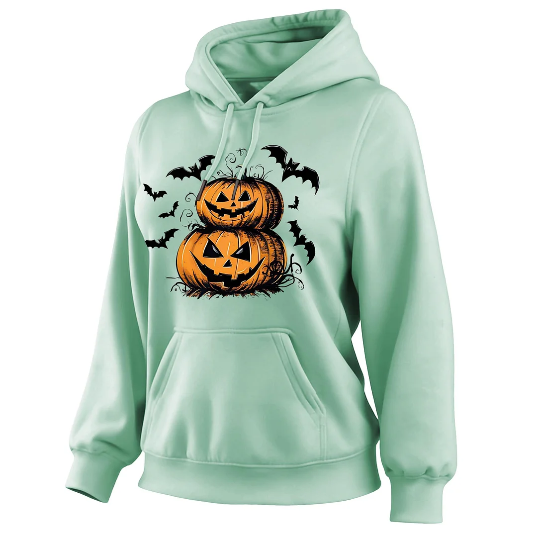 Women's Vintage Halloween Spooky Bat And Pumpkin Halloween Print Pocket Long-Sleeve Hoodie