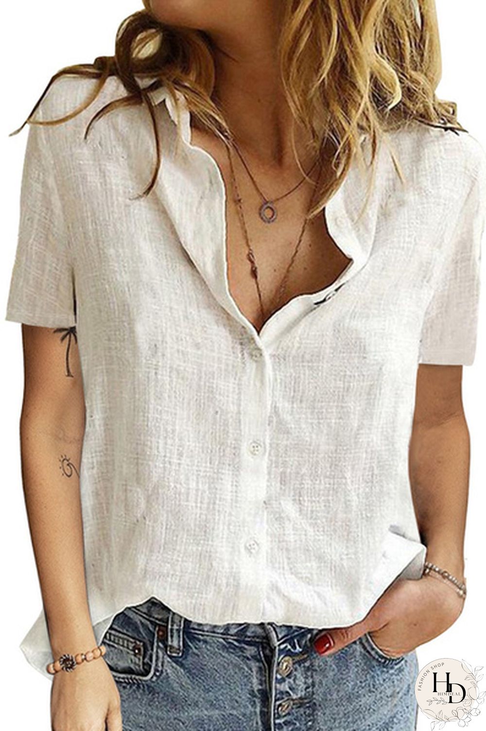 Women's Fashion Button Down Shirt Short Sleeve Loose Lightweight Airy Blouse Top