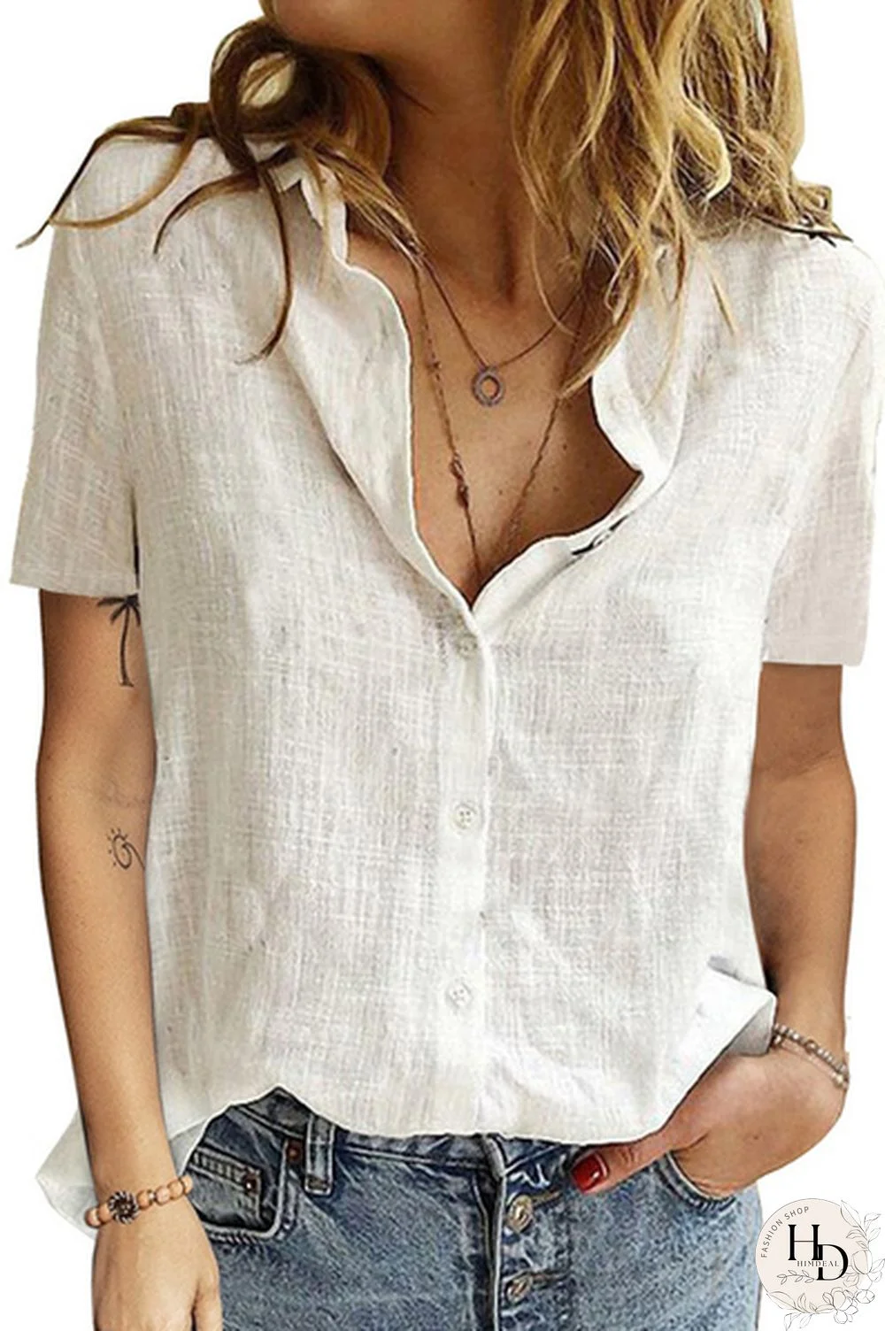 Women's Fashion Button Down Shirt Short Sleeve Loose Lightweight Airy Blouse Top