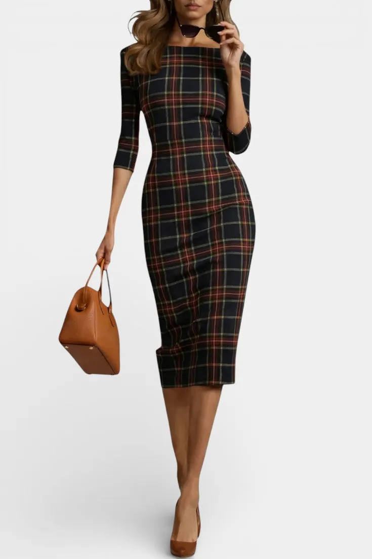 Structured Plaid Midi Dress with Three-Quarter Sleeves