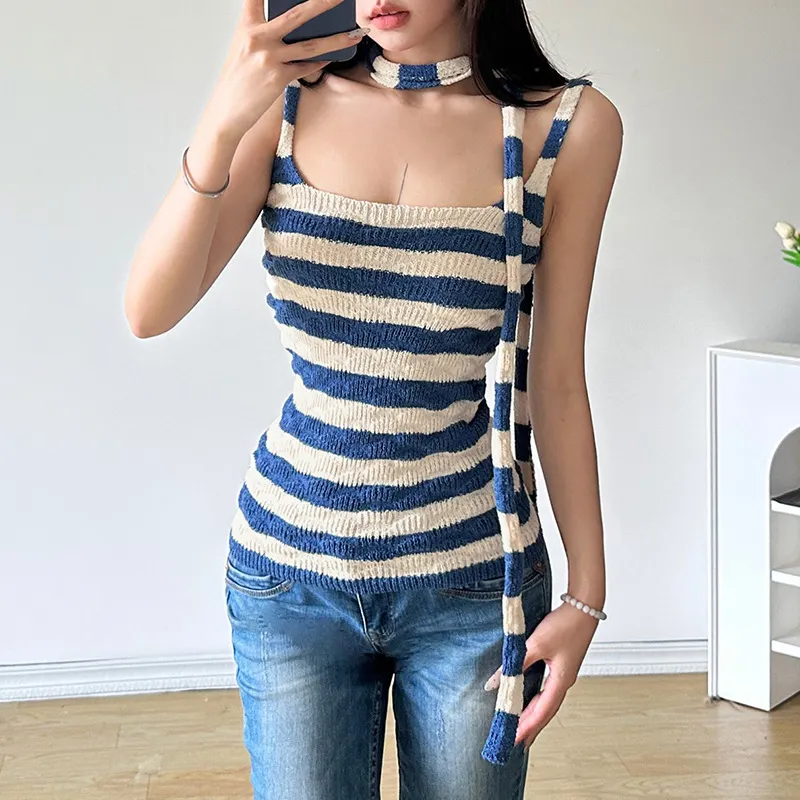 Churchf 2024 Summer New Women's Pure-Want Wind Collar With Hanging Neck Repair Knitted Striped Long Vest