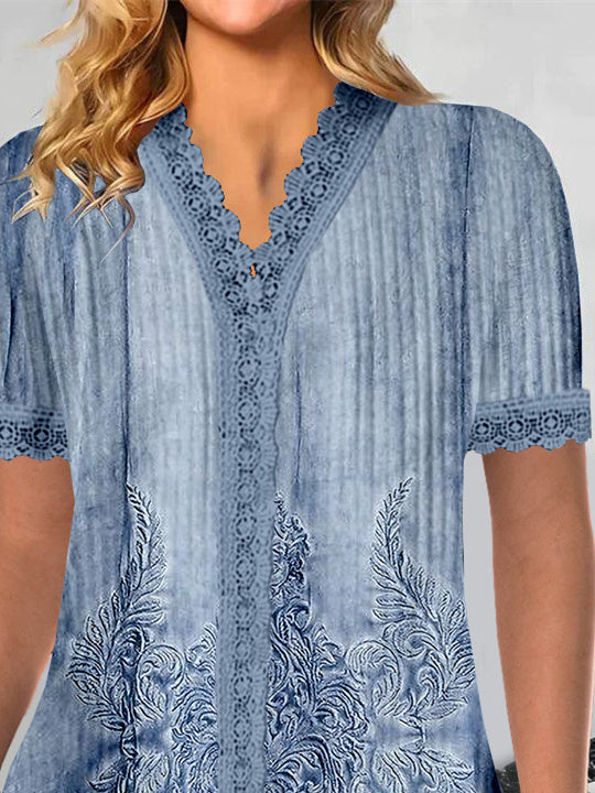 Women Short Sleeve V-neck Floral Printed Printed Graphic Lace Tops