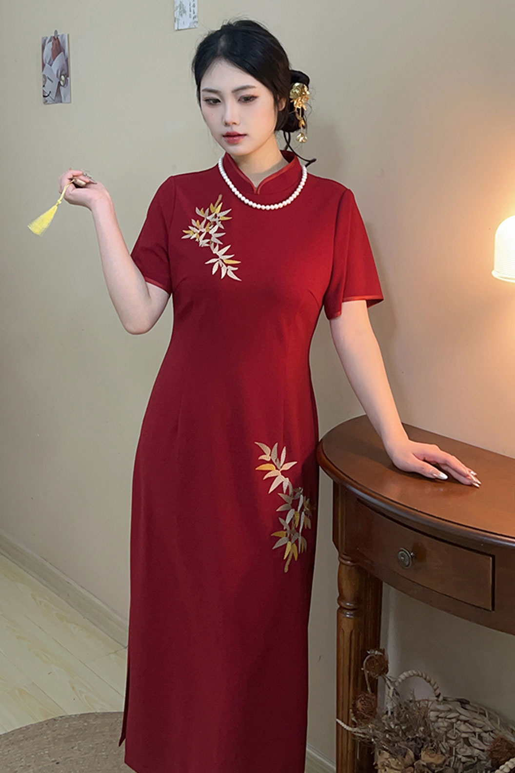 Cheongsam Qipao Embroidered Bamboo Red Qipao - fenghua 风华 Stupa Stones