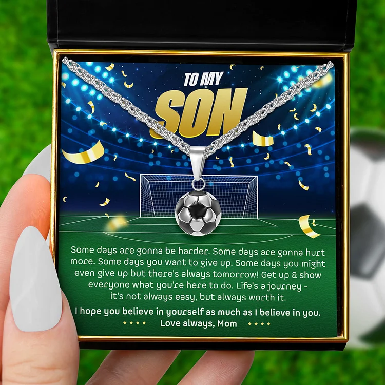 ⚽To My Son, Love Mom (Motivational Sports Card) ⚽Soccer/ Football Necklace Gift Set