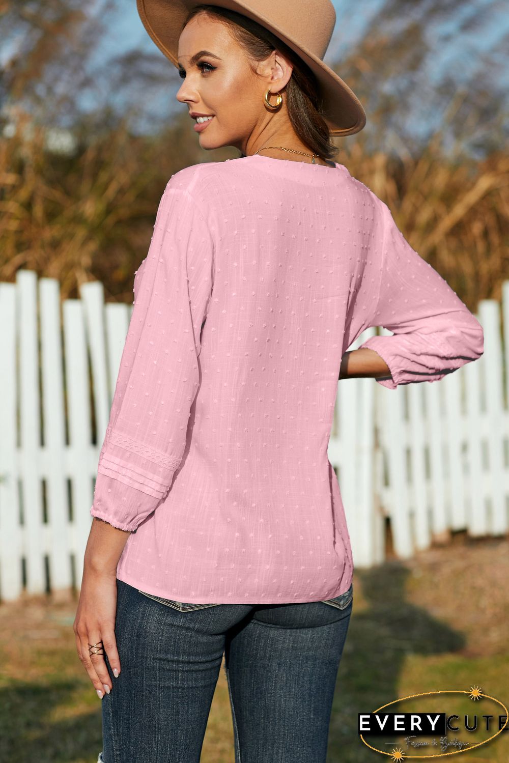 Pink V Neck 3/4 Sleeve Swiss Dot Casual Shirt