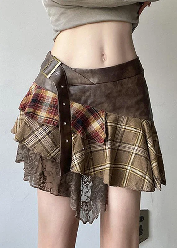 Vintage Brown Asymmetrical Lace Faux Leather Patchwork Skirts Summer