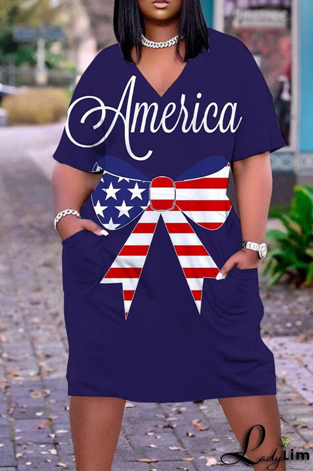 Deep Blue Casual Print Patchwork V Neck Dresses