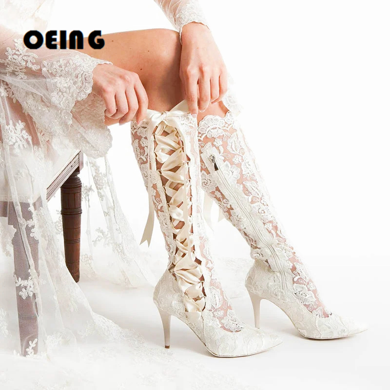 VCSHOES VCshoes Women White Lace Wedding Shoes Stiletto Heel Ribbon Lace-Up Knee High Boots Lace Embellishment Botas De Mujer 44