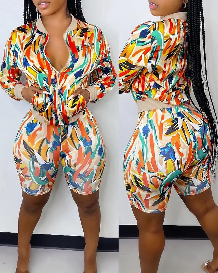 Pocket Zipper Decor Allover Print Coat & Shorts Set