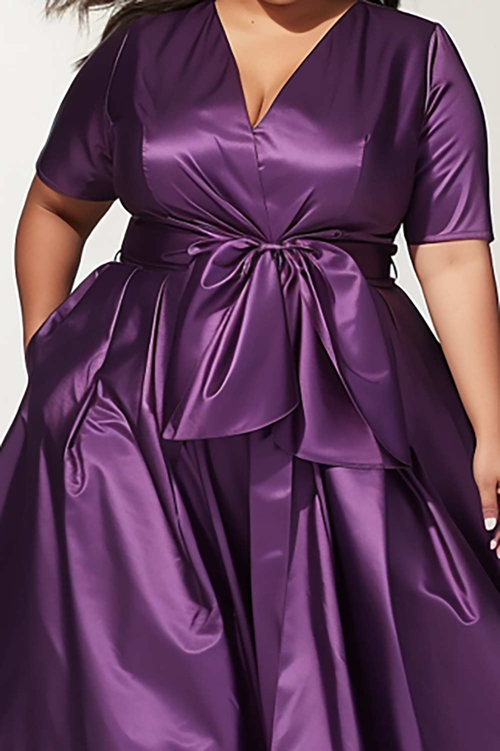 Design Plus Size Semi Formal Casual Purple V Neck Short Sleeve Bow Tie Pocket Satin Midi Dresses [Pre-Order]