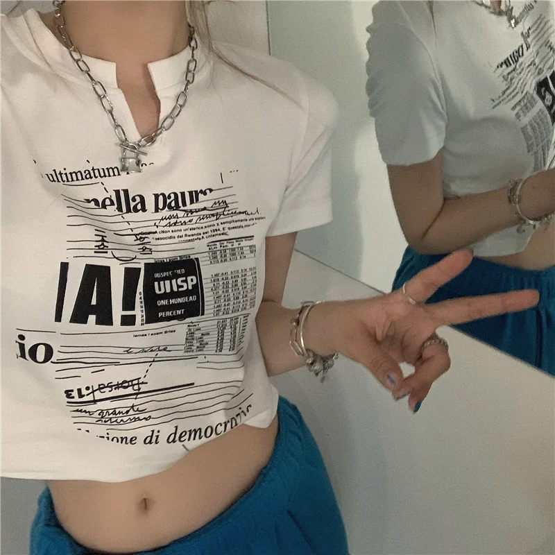 Brownm Brownm V-Neck Short-Sleeved T-Shirt Female 2024 Summer New Korean Version Slim Short Hot Girl Crop Student Top Ins