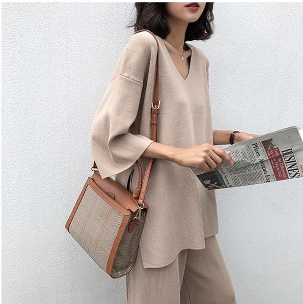 Knitting Female Sweater Pantsuit For Women Two Piece Set Pullover V-Neck Long Sleeve Bandage Top Wide Leg Pants  Suit