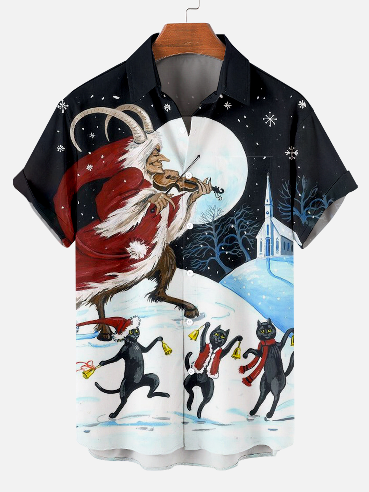 Men's Christmas Night Black Cat Fun Print Short Sleeve Shirt PLUSCLOTHESMAN