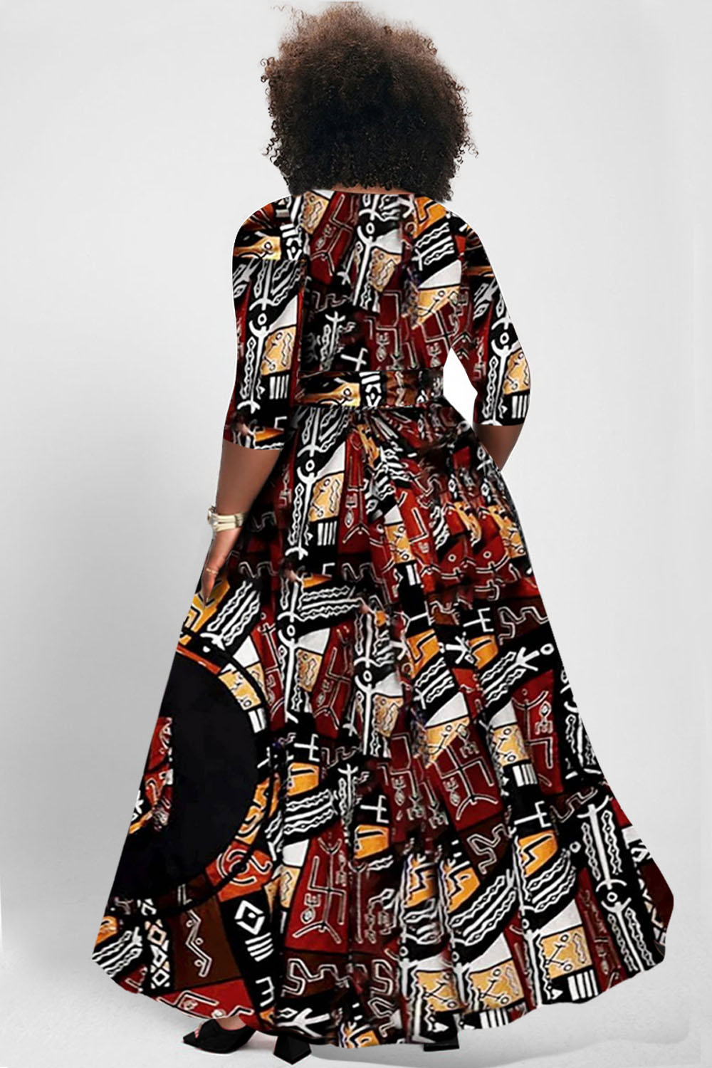 Design Plus Size Brown Ankara Spring Summer V Neck 3/4 Sleeve Pocket Knitted Maxi Dresses [Pre-Order]