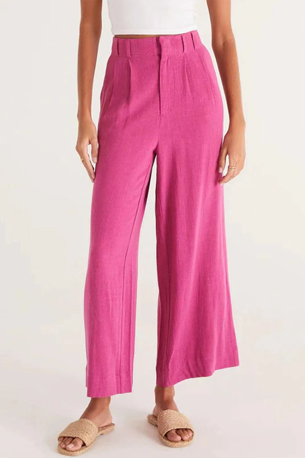 Plus Size Casual Fuchsia Cotton And Linen High Rise Wide Leg Pants 2024 - Flycurvy 