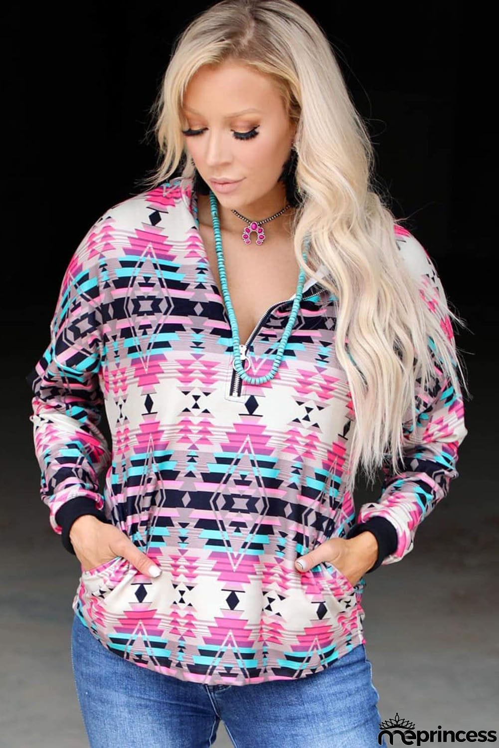 Multicolor Western Aztec Pattern Zipped Turn-down Collar Sweatshirt