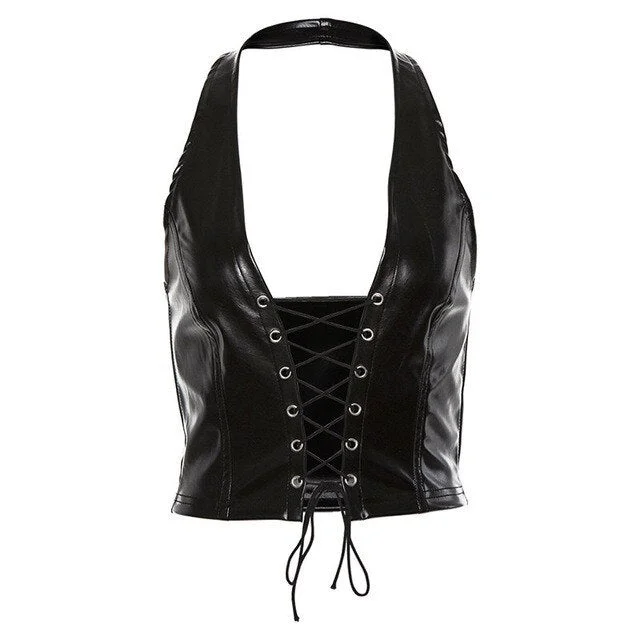 fashion punk black leather hollwo crop tops womens camisole 2021 summer fashion stretch tees Slim Soft leather tank tops