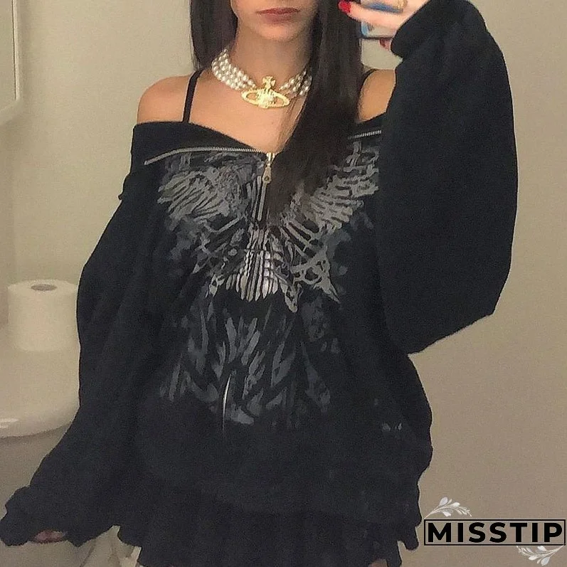 Y2K Butterfly Print Hoodies Women Gothic Grunge Long Sleeve Oversize Zip Up Hoodie Jacket Harajuku Hooded Sweatshirt Streetwear