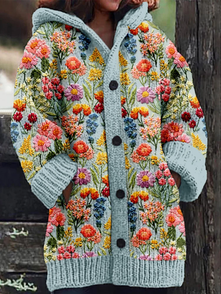 VChics Clusters of Summer Flowers Embroidery Art Cozy Hooded Cardigan