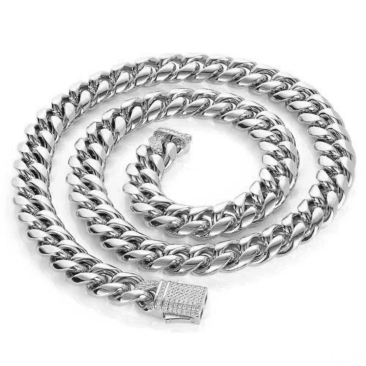10/12mm  Hip Hop Miami Necklace Pave Zircon Spring Buckle Stainless Steel Cuban Chain Necklace-VESSFUL