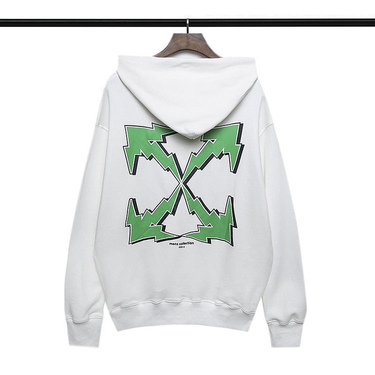 Off White Hoodie Autumn and Winter Green Lightning Arrow Pattern Hooded Sweater for Men and Women