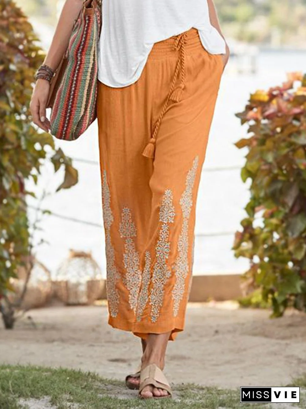 Orange Elastic Straight Casual Pants